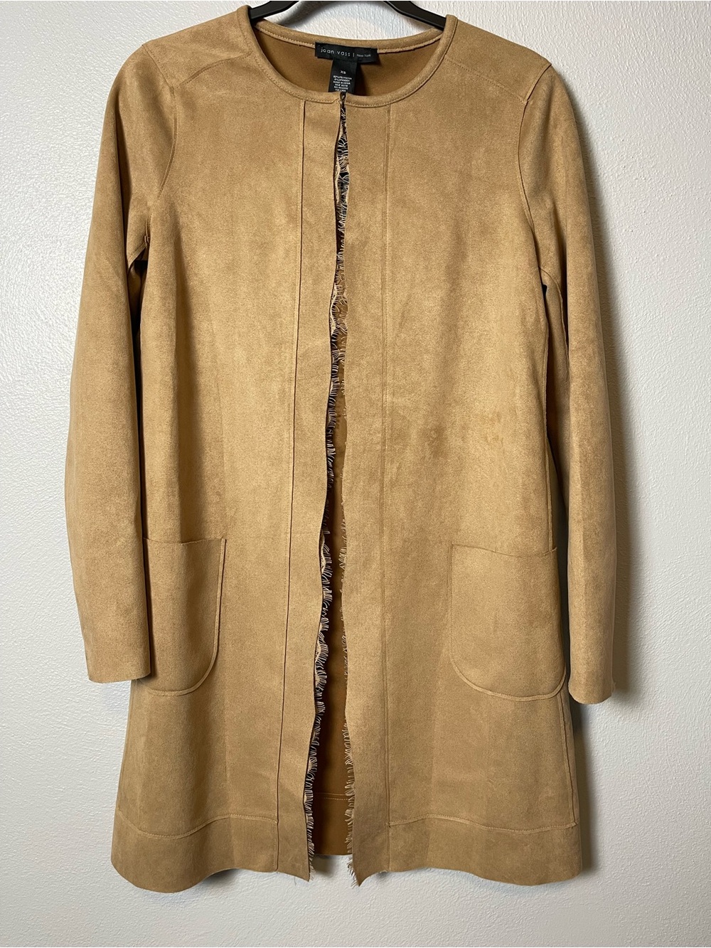 Joan Vass- Open Front Faux Leather Trench Coat in Camel/Tan